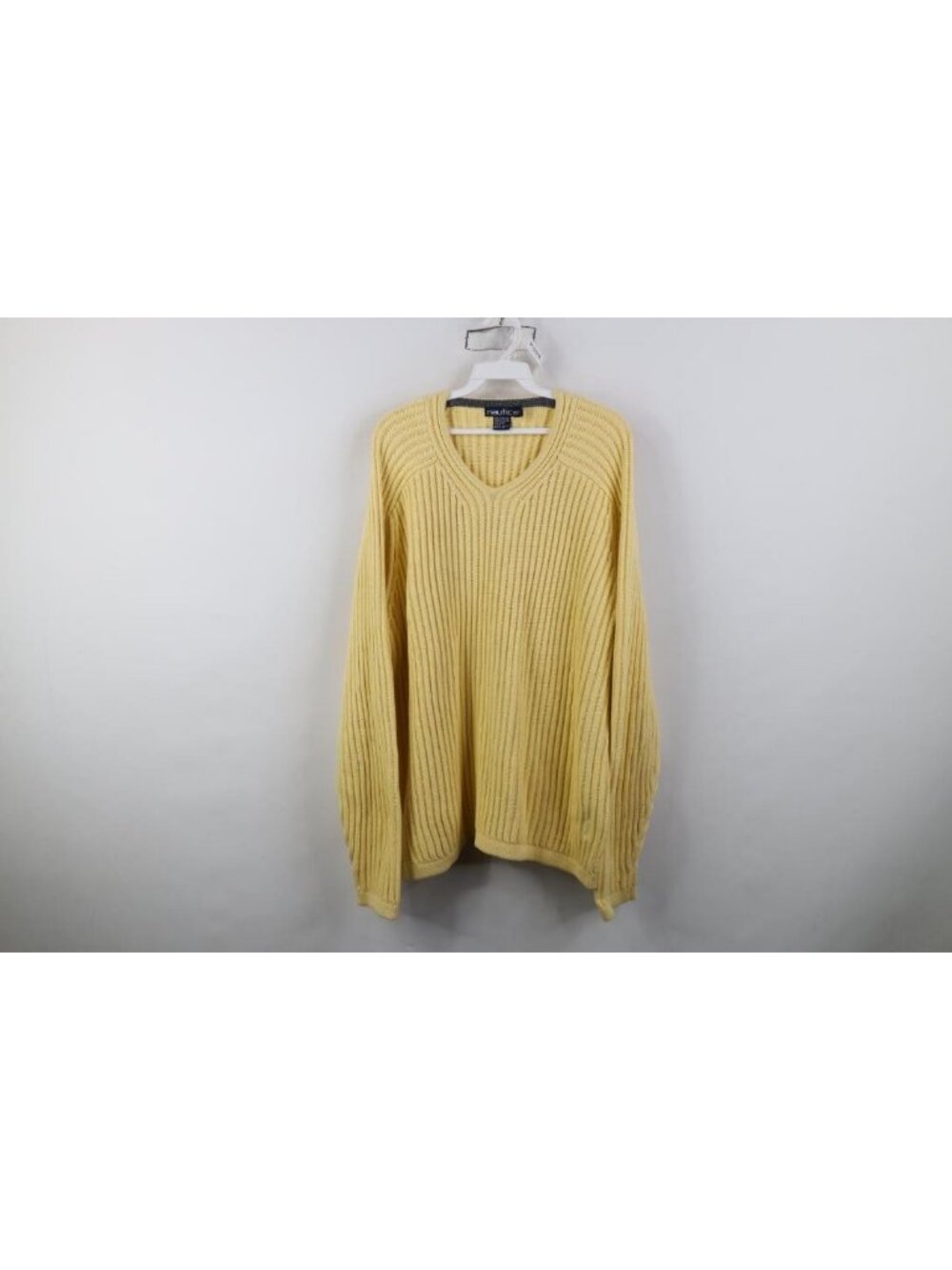 Vtg 90s Nautica Mens Large Heavyweight Cotton Ribbed Knit V-Neck Sweater Yellow